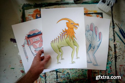  Learn To Create Your Creatures From Simple Shapes - All Illustration Steps - Sketch, Felt, Paint!