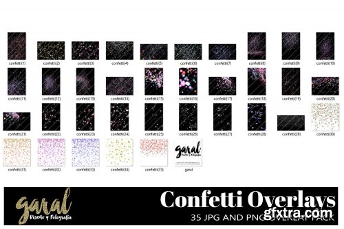 35 Confetti Photoshop Overlays, JPG and PNG files