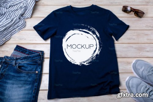 Navy Blue T-shirt Mockup with Trainers