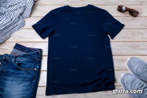 Navy Blue T-shirt Mockup with Trainers