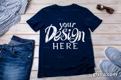 Navy Blue T-shirt Mockup with Trainers