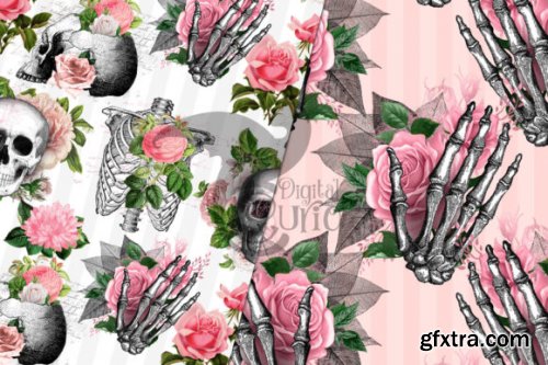  Pink Floral Skulls Digital Paper