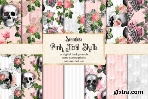  Pink Floral Skulls Digital Paper