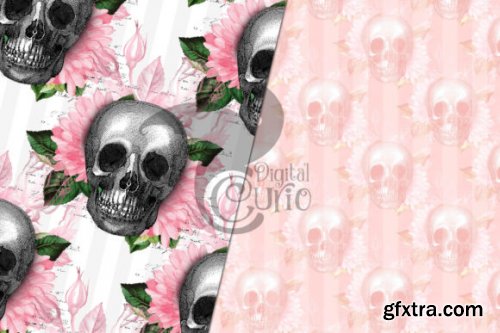  Pink Floral Skulls Digital Paper