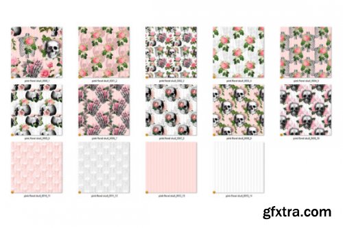  Pink Floral Skulls Digital Paper