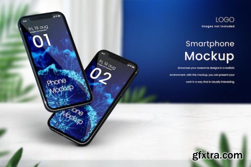 Instagram smartphone mockup on marble tabletop with royal blue background 