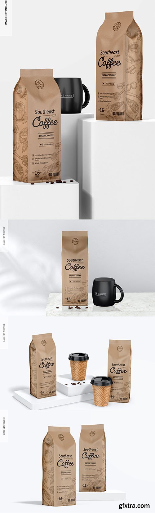 Kraft paper coffee bags on podiums mockup