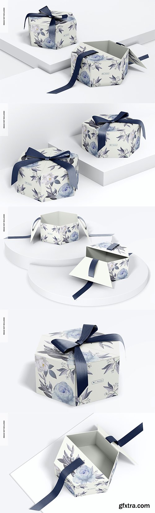 Hexagon gift boxes with ribbon mockup