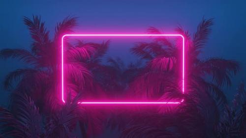 Videohive - Retrowave Glowing Rectangle Frame Appears in the Tropical Palm Tree Zoom in - 36976726 - 36976726