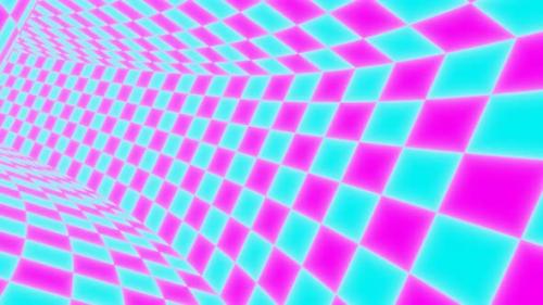 Videohive - Flying Pink and Blue Vaporwave Aesthetic Checkerboard Curved Tunnel - 4K - 36997555 - 36997555