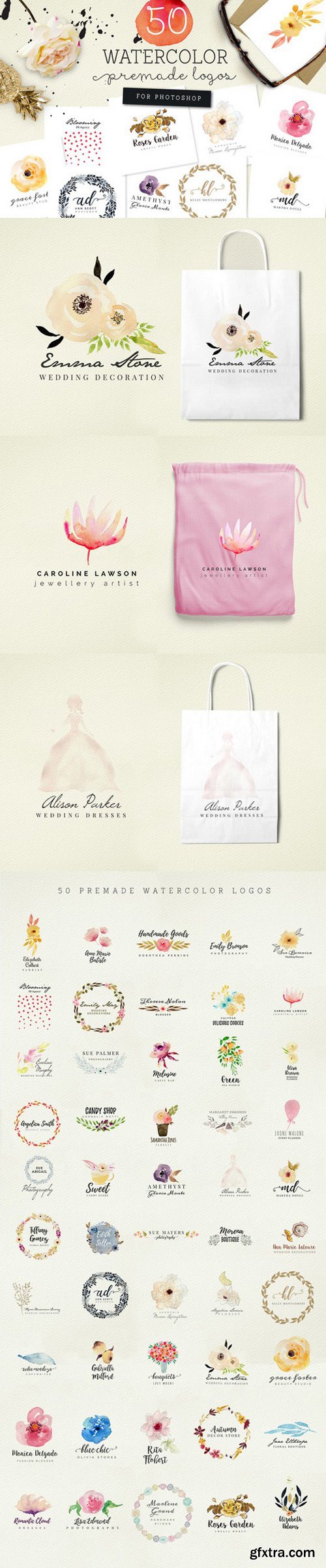 50 Premade Watercolor Logos