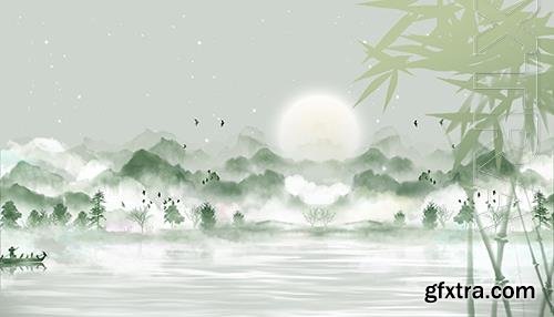 Psd Ink Green Bamboo Spring Background