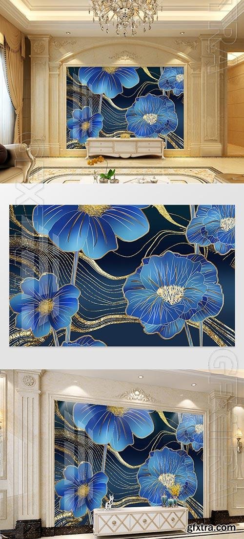 Blue three-dimensional plant embossed flower background wall