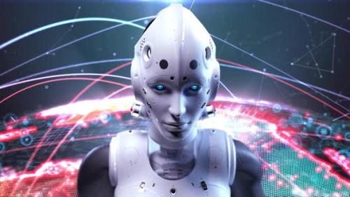 Videohive - female robot evil look. on digital globe background - 37215373 - 37215373