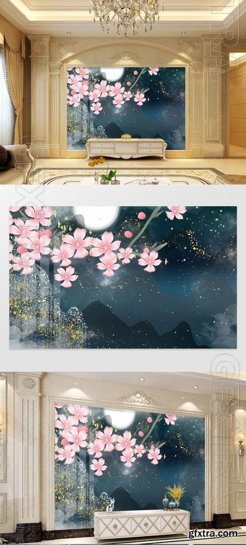 Chinese style relief landscape peach blossom TV background wall