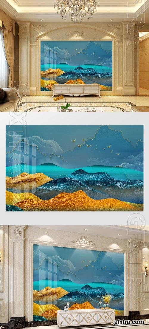 Blue gilt texture landscape new Chinese style background wall