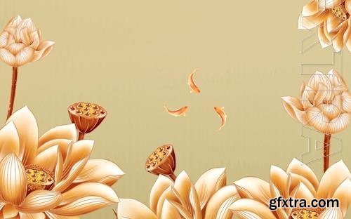 Lotus carp color carving TV living room background wall