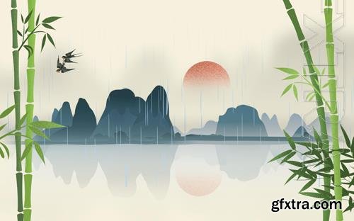 New modern ink landscape drawing bamboo background wall