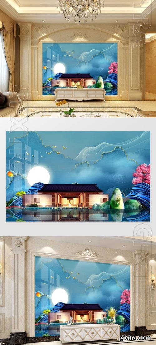 Blue landscape ancient style new Chinese background wall