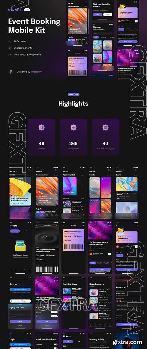 Eventix – Event booking / ticketing mobile app UI kit