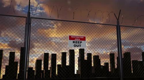 Videohive - City Behind Barbed Wire Fence with Closed Frontier for Illegals and Refugees - 37243799 - 37243799