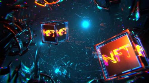 Videohive - Span camera through space tunnel with NFT blocks and cubes.. Seamless animation. - 37244394 - 37244394