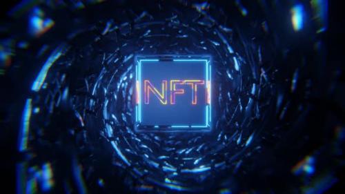 Videohive - The rotation of the cube with Neon NFT inscription in the technological tunnel.. Seamless animation. - 37244398 - 37244398