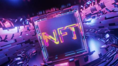 Videohive - Rotation of technological cube with neon NFT inscription.. Seamless animation. - 37244405 - 37244405
