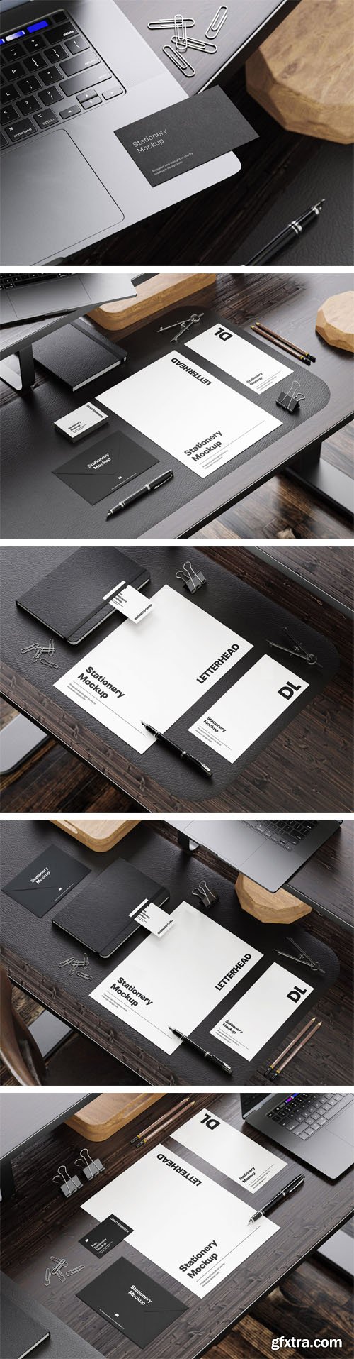 Stationery On The Dark Wooden Desk - PSD Mockups Templates