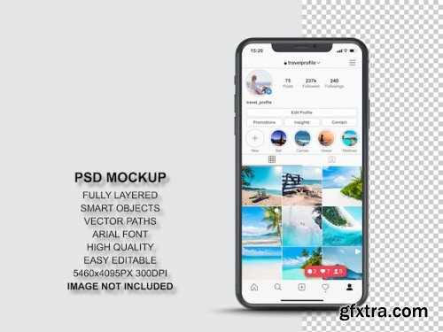 nstagram post template for profile and feed stories on smartphone. front view mobile phone mockup