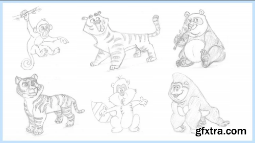  Animal Character Drawing with Pencil (Tiger, Panda, Bear, Monkey, Gorilla, Raccoon and Lion)