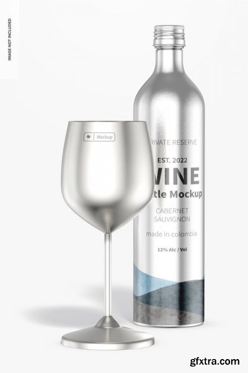 Stainless steel wine glass with bottle mockup