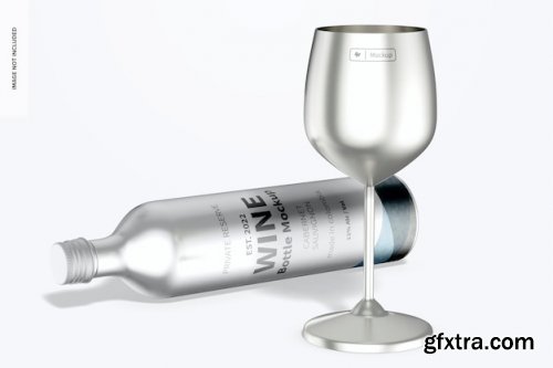 Stainless steel wine glass with bottle mockup