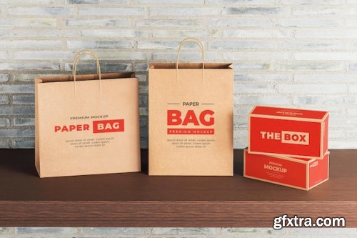 Brown box paper bag mockup red shopping