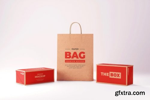 Brown box paper bag mockup red shopping