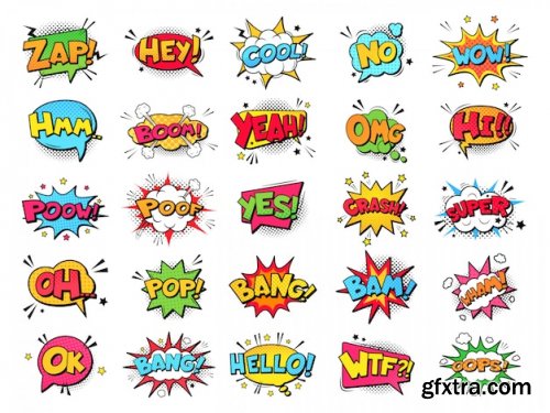 Comic book bubbles. cartoon explosions funny comical speech clouds, comics words