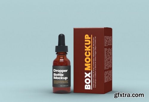 Amber glass dropper bottle with closed box mockup