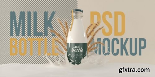 Milk bottle whit splash and wheat mockup