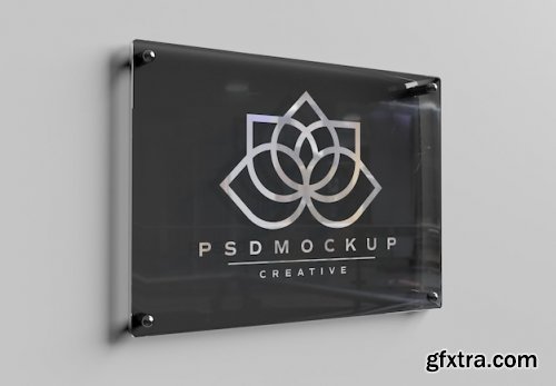 Glass sign plate on wall white mockup