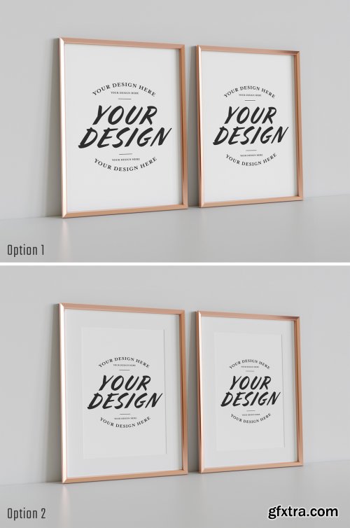 Two Golden Frames Leaning on White Wall Mockup 478874082