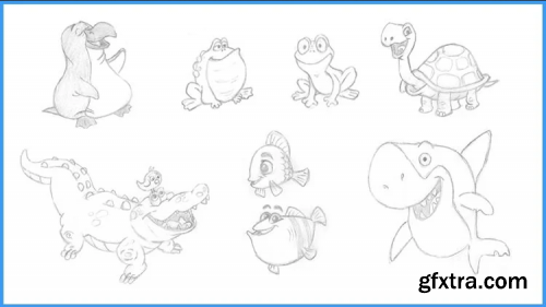  Sea Animal Character Drawing (Turtle, Shark, Fish, Whale, Octopus, Crab, Frog, Crocodile, Penguin)