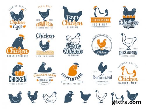 Chicken badges. fresh farm food logotype cooking egg and bird broilers vector labels Premium Vector 