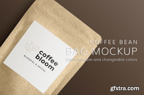 Cafe psd mockup with coffee bean pouch and paper cup