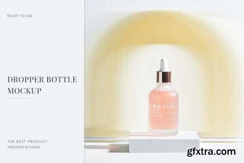 Dropper bottle mockup psd with patterned glass texture product backdrop 