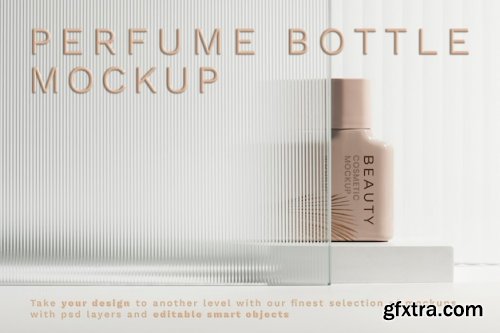 Perfume bottle mockup psd with patterned glass texture product backdrop