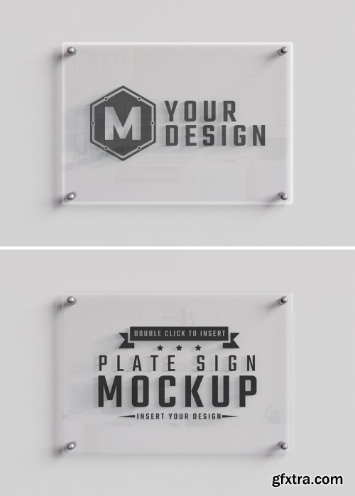 Glass Sign Plate on White Wall Mockup 499677301