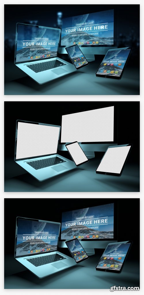 Floating Devices in Dark Interior Mockup 215993469