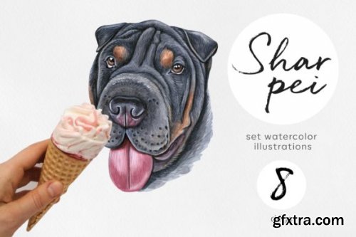 Watercolor Shar Pei Dog Set