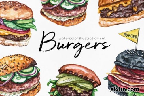 Burger Watercolor Food Set Illustration