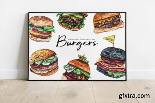 Burger Watercolor Food Set Illustration